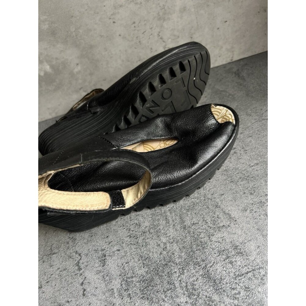 Fly London Yala Peep Toe Black Leather Platform Wedge Sandal EU 37 US 6.5 - Picture 16 of 16